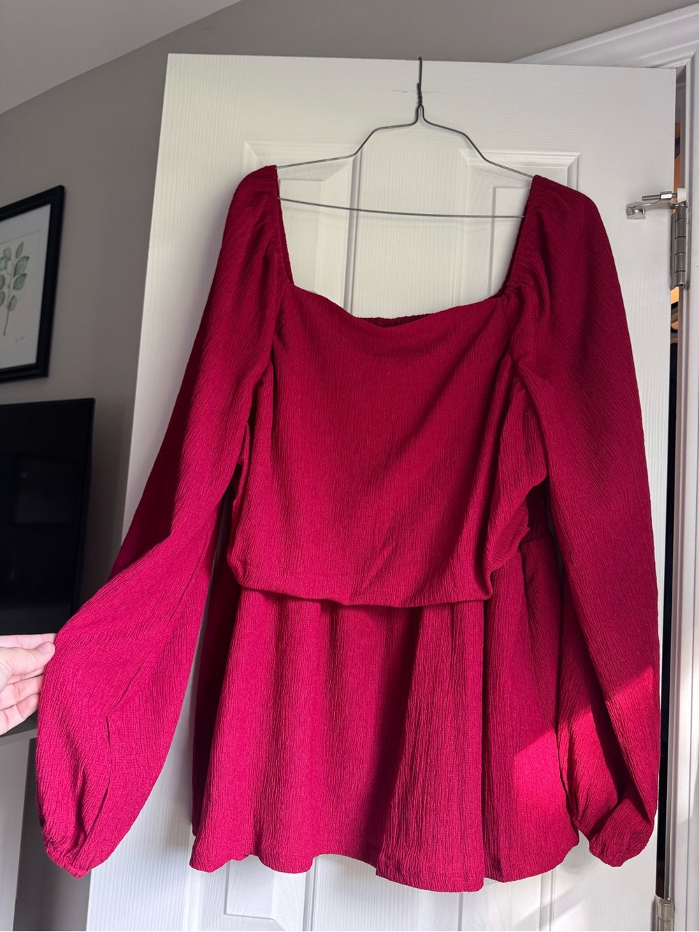 SHEIN Deep Raspberry Square Neck Long Sleeve Blouse